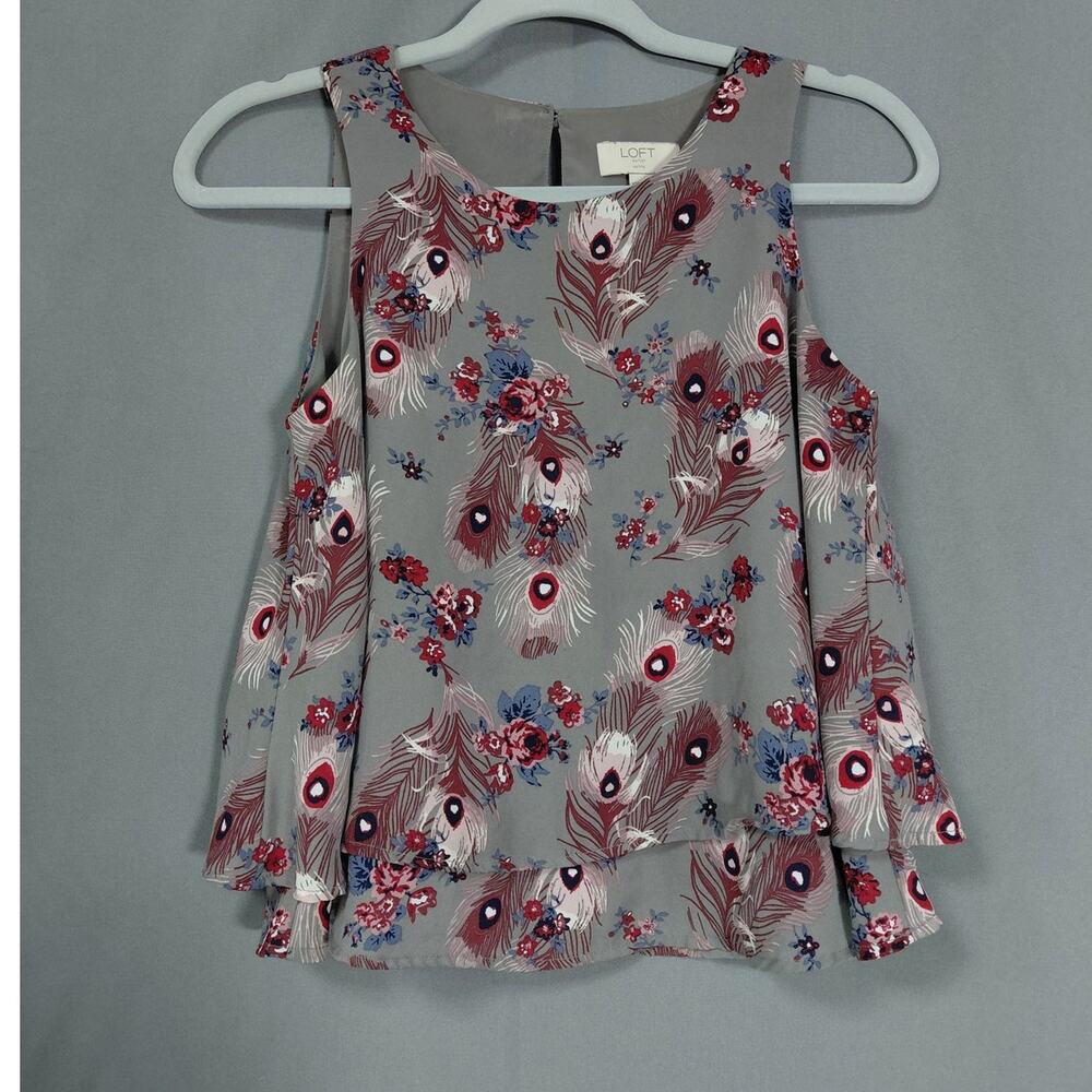 6LS9 LOFT Gray Floral Ruffle Chiffon Sleeveless Blouse Women Size XSP